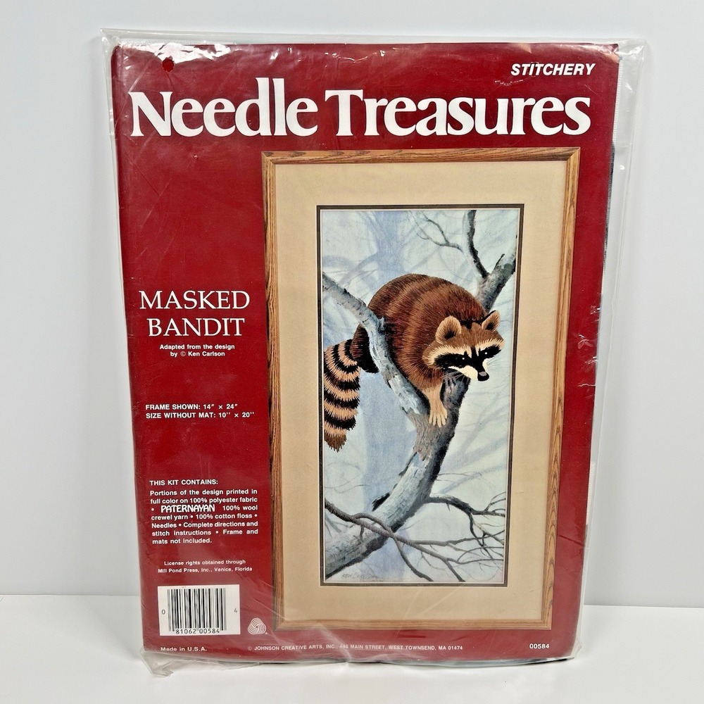 Raccoon Crewel Embroidery Kit Needle Treasures Masked Bandit 10" x 20" 00584